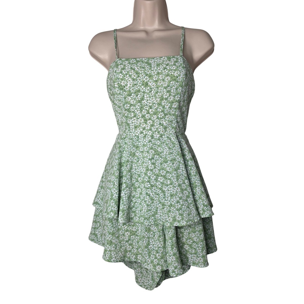 SHEIN Romper Womens 6 Green Floral Daisy Tie Back Tiered Ruffle Skirt Coquette